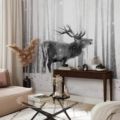 Produktbild von Vlies Fototapete - Deer in the Snow (Black and White) 250x175 cm Tiere g-B-0143-a-b