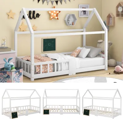A collage of images showing a white house-shaped bed for children, with decorative elements and different angles of the bed.