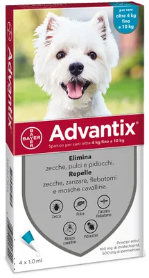Zdjęcie produktu dla Advantix dla psów o wadze od 4 do 10 kg – krople na skórę odstraszające pchły, kleszcze i komary – BAYER – 4 pipety