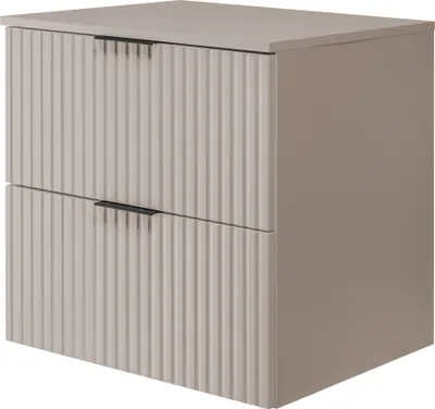 A side-angle view of a beige, two-drawer cabinet with fluted drawer fronts and black handles.