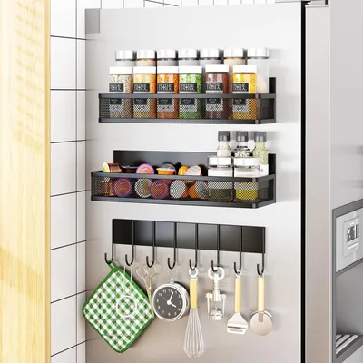 Produktbild von Magnetisches Gewürzregal für den Kühlschrank, 3er-Set, beweglicher Organizer mit 8 Haken