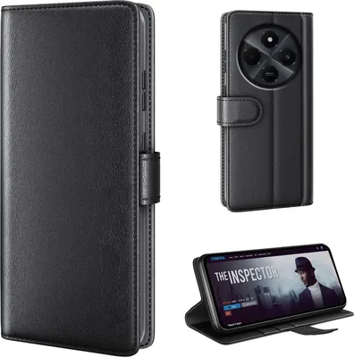 Produktbild von Echtleder Handyhülle für Xiaomi Redmi 14C Lederhülle Cover Case Tasche Klapphülle Fliphülle Leder Hülle Farbe: Schwarz