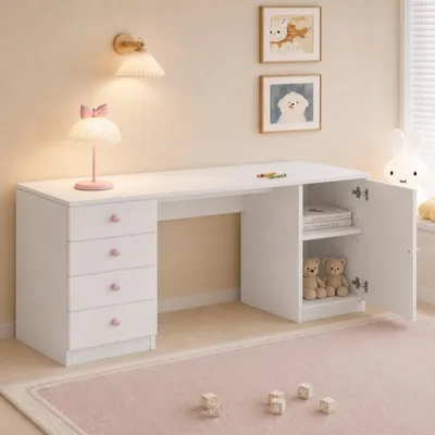 Produktbild von STILVORA Schreibtisch mit 4 Schubladen, Arbeitstisch mit Ablageebene und Stauraum, Kinderschreibtisch mit rosa Keramikgriffen