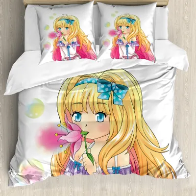 Produktbild von ABAKUHAUS Anime Bettbezug, Manga Cartoon-Grafik, Milbensicher Allergiker geeignet mit Kissenbezügen, 200 cm x 200 cm - 80 x 80 cm, rosa Gelb