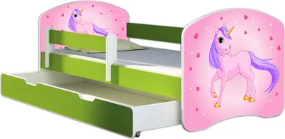 Image de ACMA lit d'adolescent lit d'enfant lit junior set complet avec matelas sommier à lattes et protection antichute vert 17 poney 140x70 + coffre de lit