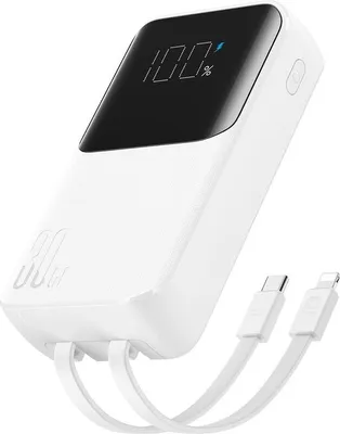Produktbild von Joyroom 30 W 10000 mAh Mini-Powerbank mit integrierten Kabeln, USB-A und USB-C - Weiß