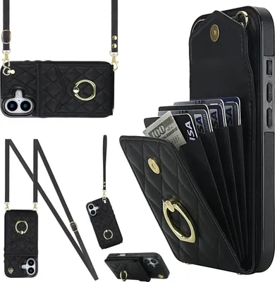 Obrázek produktu pro Crossbody pouzdro z umělé kůže pro Apple iPhone 17 s kosočtvercovým vzorem a pouzdrem na karty RFID, černé