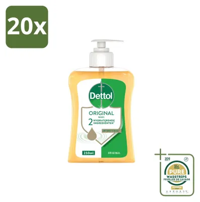 Imagen del producto de 20 unidades de jabón antibacteriano líquido para manos Dettol, aroma original, 250 ml cada uno. Paquete de suministro