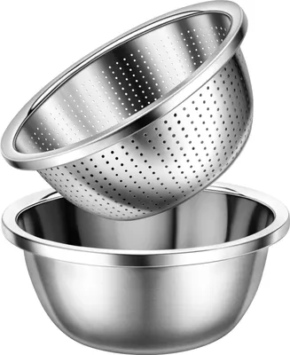 Produktbild von Sieb Edelstahl, 22 cm mit Rührschüsseln, Sieb für Küchennahrung zum Waschen von Nudeln, Obst, Gemüse, Spülmaschinenfest (2 Sstück)