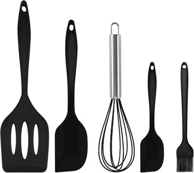 Immagine prodotto di Set di spatole in silicone - Resistenti al calore - Antiaderenti - Spatole da cucina - Set di spatole - Utensili da cucina - Set da 5 pezzi - Nero
