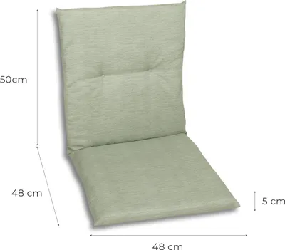 A light green chair cushion with dimensions indicated by measurement lines and text.