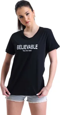 Produktbild von T shirt Royyen Zdn13 V Ausschnitt Baumwolle Damen mit Print – SCHWARZ / S