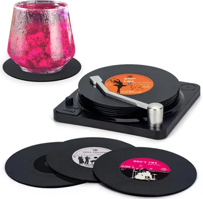 Produktbild von Untersetzer Gläser, Valdivia Retro-Vinyl-Schallplatten Untersetzer | 6 Stück Getränkeuntersetzer mit Basis für Bars, Cafés, Haus, Party, Büro, Lustige Wohnung Deko und Musik Geschenk