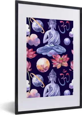 Produktbild von MuchoWow® MuchoWow® Gerahmtes Poster Buddha - Muster - Planeten 40x60 cm - Poster mit zchwarzem Bilderrahmen - Poster in Rahmen
