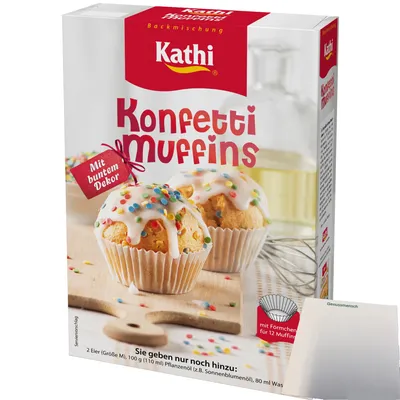 Produktbild von Kathi Backmischung für Konfetti Muffins mit buntem Dekor und Förmchen (420g Packung) + usy Block
