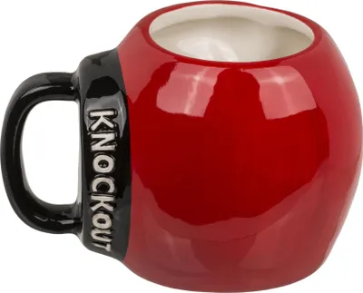 A red boxing glove shaped mug with black accents and the word "KNOCKOUT" printed vertically on the black band.