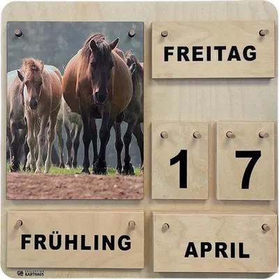 Produktbild von Dauerkalender aus Holz | Wand-, Tisch + Lernkalender | Handgefertigt - Motiv Wildpferde
