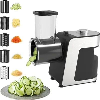 Produktbild von Elektrischer Gemüseschneider 5-in-1 - Küchenmaschine - Automatischer Slicer und Reibe für Kartoffeln, Käse, Möhren - Zerkleinerer, Schredder, Mühle - Edelstahlklingen