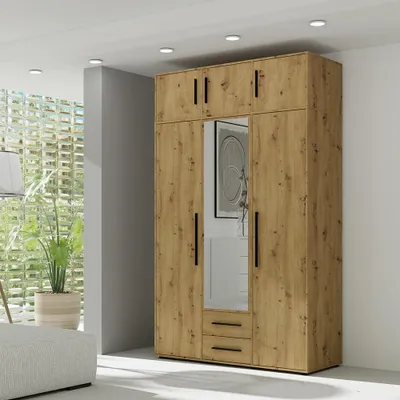 Produktbild von Schlafzimmer Kleiderschrank mit Aufsatzschrank, 150 cm breit, Eiche mit schwarzen Griffen, 6 Türen & 2 Schubladen - MOLLERUSA-132
