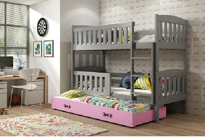 Obrázok produktu pre Poschodová posteľ s prístelkou a matracom 90x200 BRIGID - grafitová / ružová