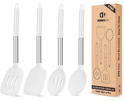 Image de Ensemble de 4 ustensiles de cuisine en silicone antiadhésifs, sans BPA, de couleur blanche