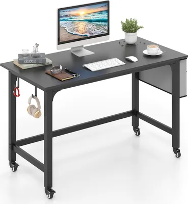 Zdjęcie produktu dla Biurko na kółkach, biurko komputerowe 120 cm z 4 uniwersalnymi kółkami, odwracalnym schowkiem i 2 haczykami na słuchawki, biurko do domowego biura