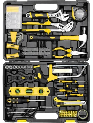 Image de Mallette à outils de 218 pièces, comprenant des tournevis, des pinces, un marteau, des clés à douille, de couleur jaune
