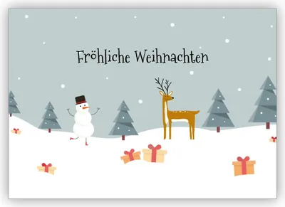 Produktbild von Süße Weihnachtskarte mit Reh und Schneemann im Schnee: Fröhliche Weihnachten