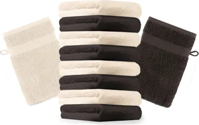 Produktbild von Betz 10 Stück Waschhandschuhe 16x21 cm PREMIUM 100% Baumwolle  Farbe: dunkelbraun und beige