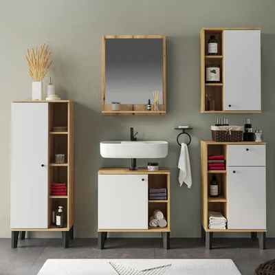Produktbild von Badmöbel-Set 5-teilig mit Waschbeckenunterschrank 60 cm, Midischrank, in Eiche mit weiß OLEAN-61