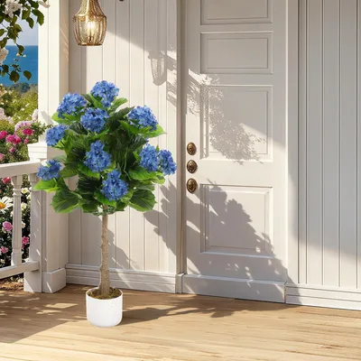 Image de Arbre d'hortensias artificiel GarveeLife, 95 cm, en pot, avec 9 fleurs bleues très réalistes