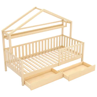 Produktbild von Kinderbett in Holzfarbe,Kinderbett Hausbett mit Schubladen,Massivholz mit Lattenrost, Kiefernholz Hausbett , Kinder und Jugendzimmer,90x200cm,,