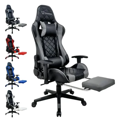 Produktbild von FOXSPORT Gaming Stuhl Ergonomisch-Racing-Design-Bürostuhl bis 150kg-mit einklappbarer Fußstütze, verstellbarer Kopfstütze und Lordosenstütze-Grau