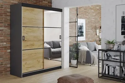 Produktbild von FurMeb24 Schiebetrenschrank RETRO 3-138x200cm Kleiderschrank mit Spiegel, 2-triger Schiebeschrank (Graphit Antrazit / Eiche Craft Gold + Spiegel und schwarze Beschl€ge)