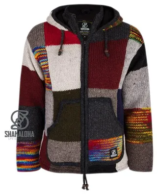 Immagine prodotto di Gilet in lana lavorato a maglia Shakaloha, modello "Patch NH", multicolore, con fodera in pile e cappuccio con colletto interno. Articolo da uomo/universale. Realizzato a mano in Nepal con lana di pecora