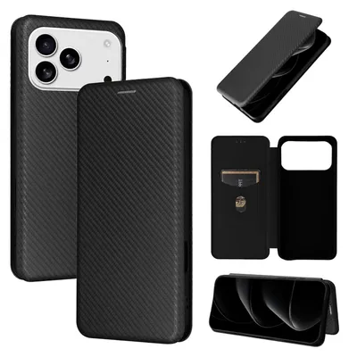 Obrázok produktu pre Pre Apple iPhone 17 Pro Max Carbon Hybrid Synthetic Leather Flip Case Black