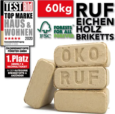 A stack of RUF briquettes with marketing labels and certifications.