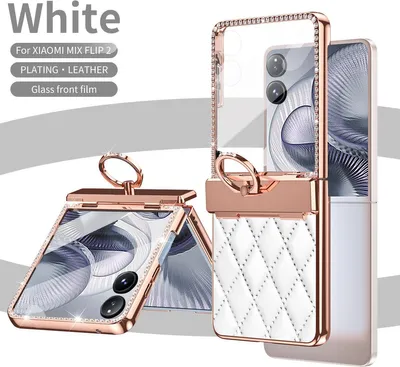 Produktbild von Hülle für Xiaomi Mix Flip 2 mit Ringhalterung, Luxus Glitzer Bling Überzug Scharnierschutz Handyhülle Weiß