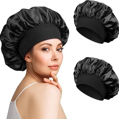 Produktbild von 2 Stück Satin Bonnet, Schlafhaube Seidenartig, Atmungsaktive Schlafmütze Damen, Verstellbare Gummiband Weiche Nachtmütze (Schwarz)
