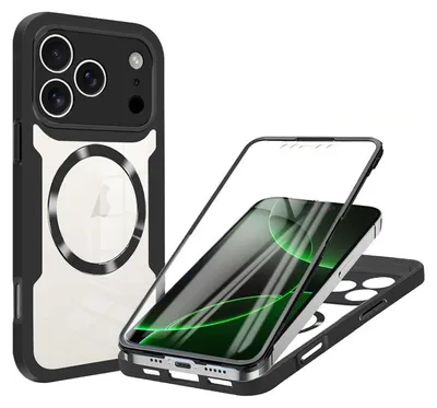 A product shot of an iPhone case and screen protector, with the phone and screen protector shown separately.