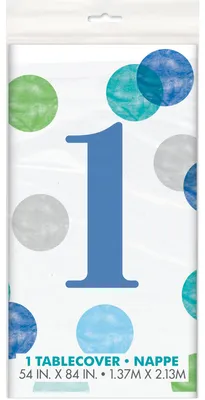 Produktbild von Kunststoff-Tischdecke 1. Geburtstag blau + weiß 137 x 213 cm Pastell-Punkte -