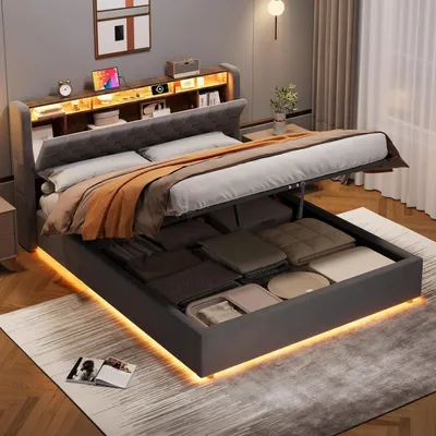 Immagine prodotto di Struttura letto matrimoniale 160x200 cm, grigia, con illuminazione a LED e stazione di ricarica