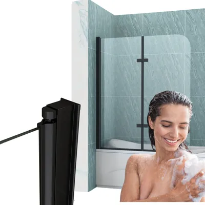 Produktbild von Silla | Duschwand aus Glas - 120x140 cm - Schwarz Matt - Faltwand für Badewanne - 2 Teilig Faltwand - Badwannenfaltwände