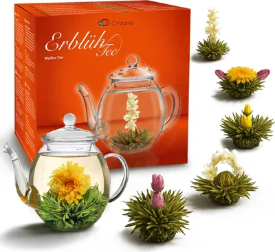Produktbild von Creano Teeblumen Mix - Geschenkset "ErblühTee" mit Glaskanne Weißtee (6 verschiedene Sorten)