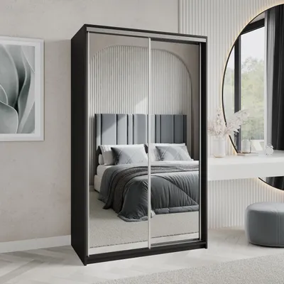 Produktbild von Masseno Schiebetürenschrank RIEN 120/205/60 cm Kleiderschrank mit Schubladen Schlafzimmer Schrank 2-türig mit Spiegel Schwarz + Satin