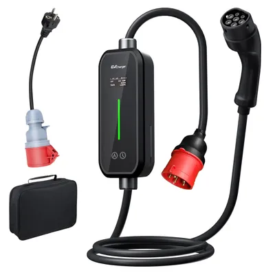 Produktbild von Mobile WallBox EV Ladegerät 11kW 2 Typ 6m Ladekabel 6-16A CEE Stecker Adapter, Kontrolliert einstellbarer Strom mit LCD Display Schuko-Stecker