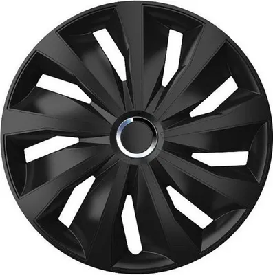 A black wheel cover with a silver ring around the center.