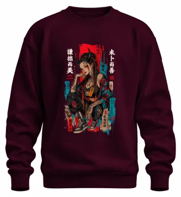 Productafbeelding van Oni Anime meisjes, Japanse streetwear, urban, cyberpunk, Y2K, Kanji, sweatshirt, trui, bordeauxrood, maat M
