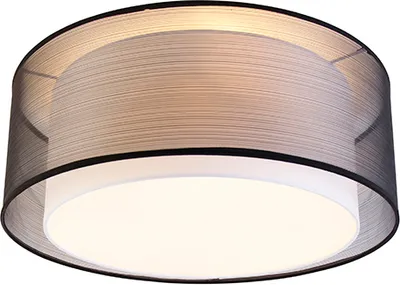 A close-up, studio shot of a modern drum-shaped ceiling light with a black sheer fabric shade over a white inner shade.