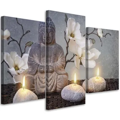 Produktbild von Triptychon auf leinwand buddha und kerzen 90x60 cm Feeby grau wandbild bereit zum aufhängen